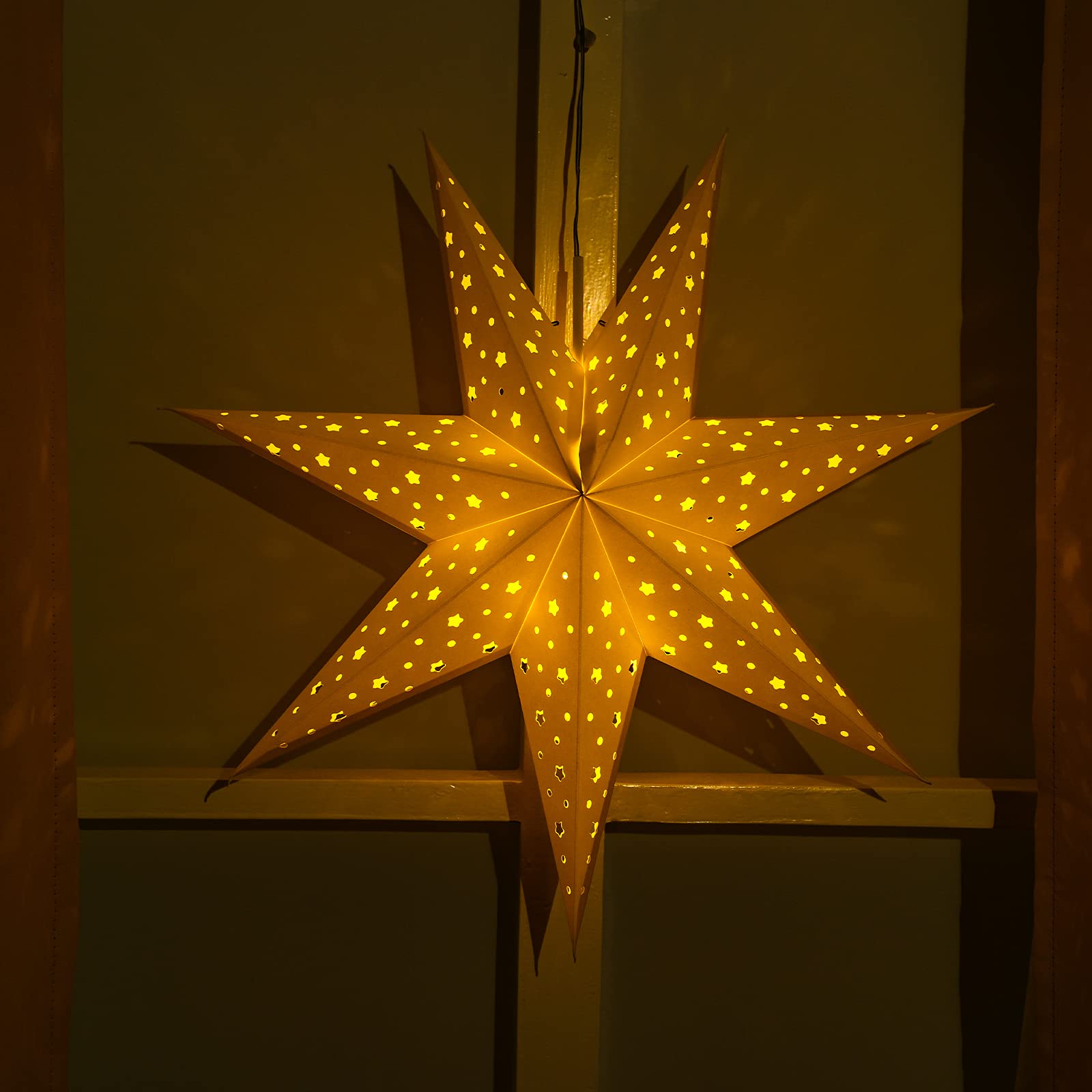 Mudder 19.7 Inch Christmas Star Paper Lantern 7 Pointed Christmas Window Lantern with 10 LED Light Strings Hanging Pendant Xmas Tree Ornaments for Holiday Decor Home(Classic,White)