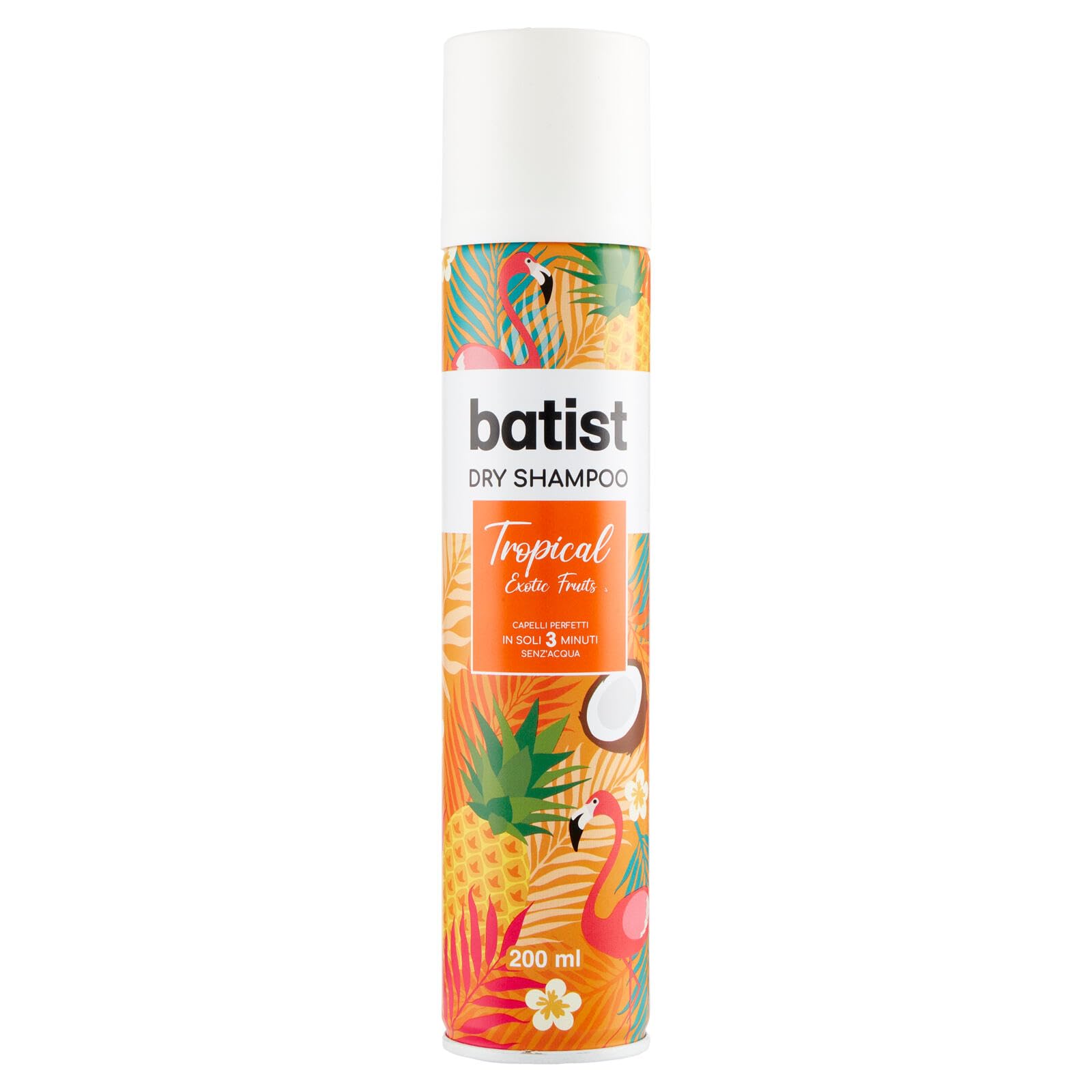 Batist Dry Shampoo Tropical - Champú seco que limpia el cabello en pocos minutos sin agua, aroma a coco y fruta de la pasión, 200 ml + llavero Beni Culinari gratuito