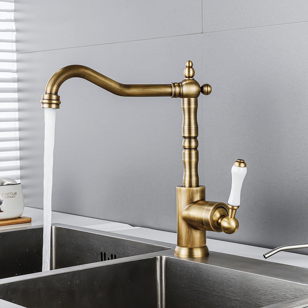 Wasserhahn Küche - Küchenarmatur Retro Antik Stil Messing Einhebel 360° Schwenkbar Spültischarmatur Mischbatterie, Hoher Auslauf Armatur Küche, Bronze