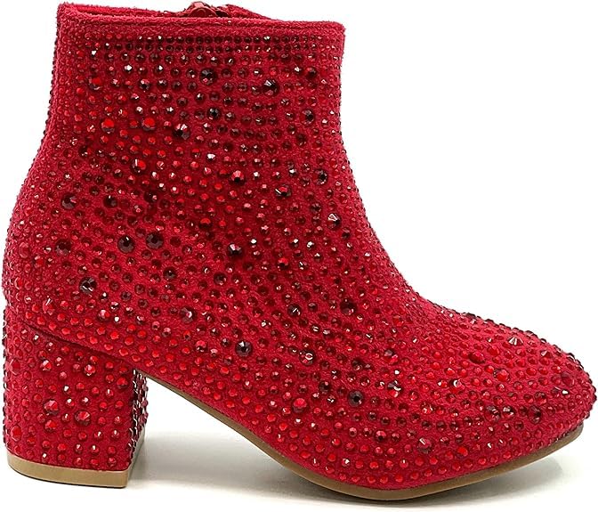 Forever Girls Rhinestone Boots Kids Low Heel Dress Booties Iceberg-12K Shoes Red Rhinestone 23