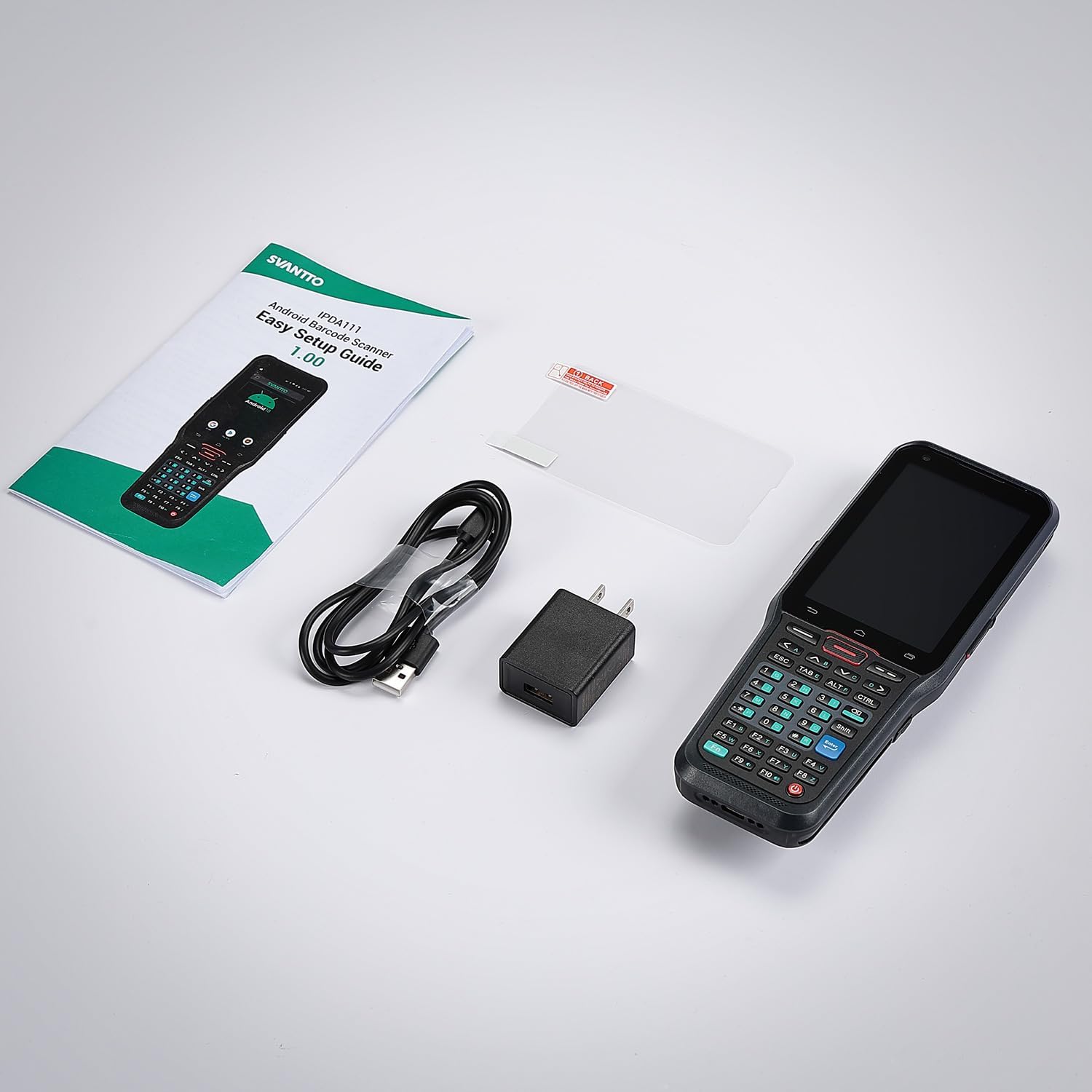 Contents of the SVANTTO barcode scanner package, including the scanner, manual, USB cable, and power adapter.