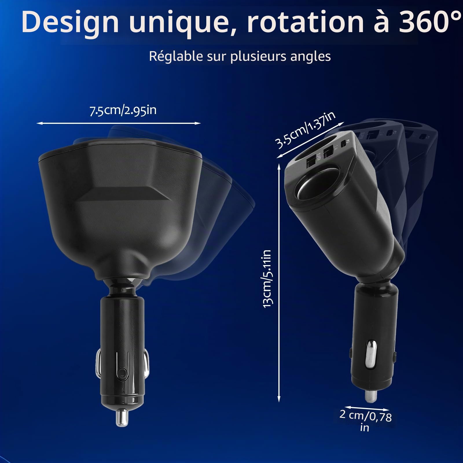 5-en-1 Chargeur Voiture Allume-Cigare 120W, Multiprise Allume-Cigare | USB C avec Voltmètre LED Rotatif 360°, Adaptateur 12 V/24 V Compact et Sécurisé Voiture, Camion, Téléphone et Tablette, SUV