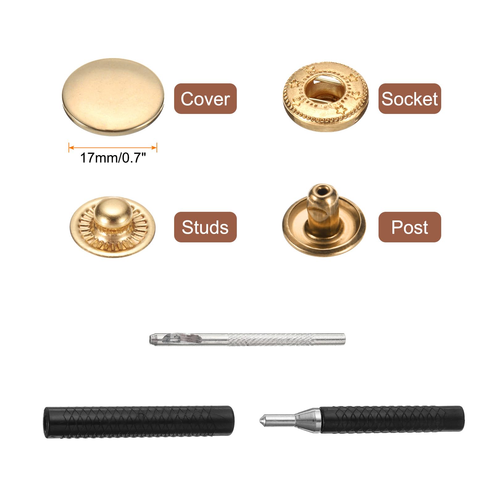 HARFINGTON Juego de 25 cierres a presión de cuero de 17 mm, remaches de cuero con 3 herramientas de ajuste para ropa, chaquetas, jeans, bolsos, color dorado