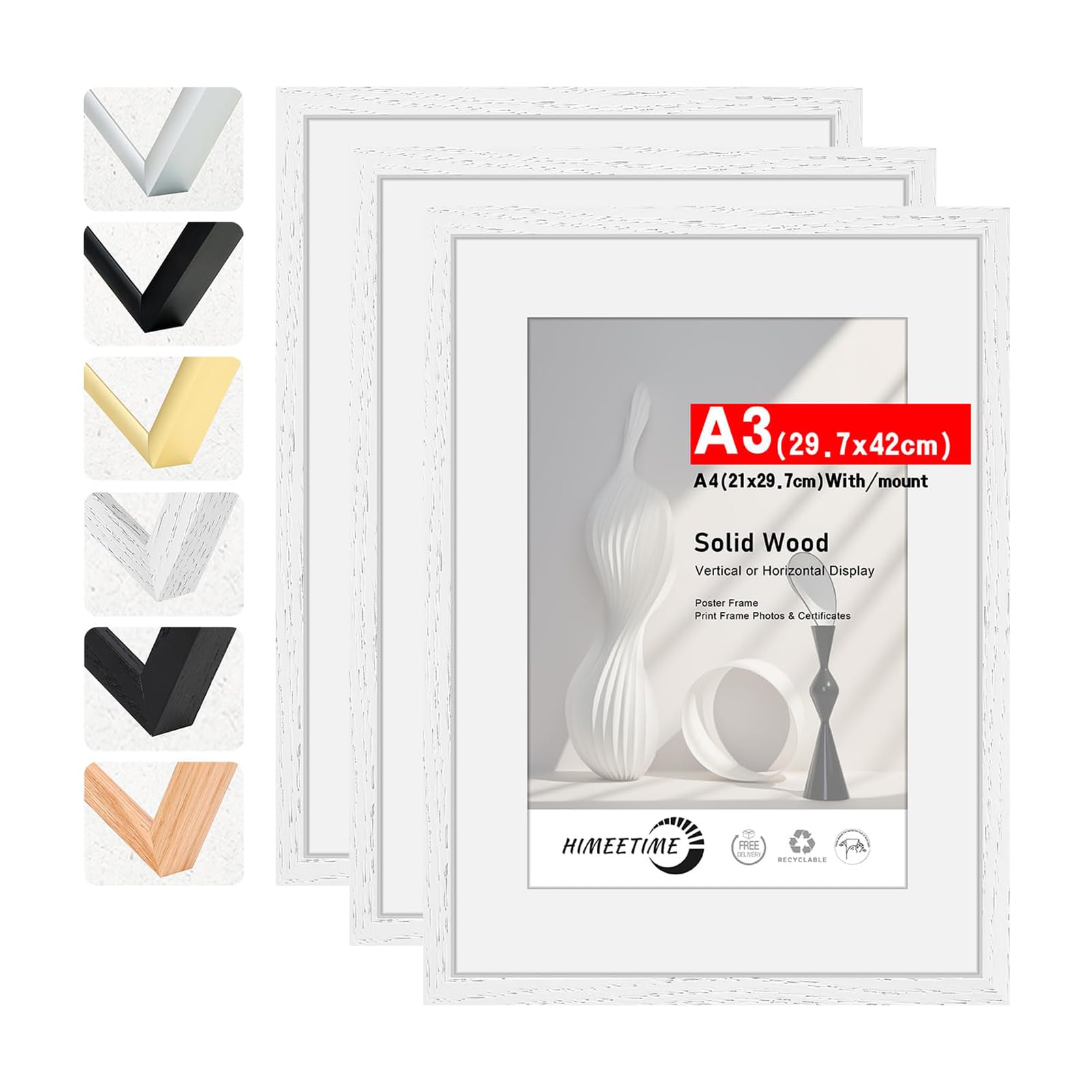 HIMEETIME® 3x Cornice A3 30x42 cm in vero legno bianco, per foto da 21x30 cm con tappetino o da 29,7x42 cm senza tappetino.