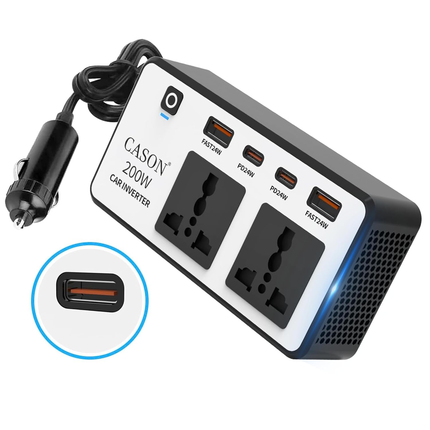Cason -200W Car Inverter 12V to 220V, QC3.0 Fast Charging Car Laptop Charger, Power Inverter with 2 USB (3.1A Max) + 2 Type-C (24W PD),Car Socket to Plug Adapter(Black,White) (B0D4J4R7TL) Amazon Price History, Amazon Price Tracker