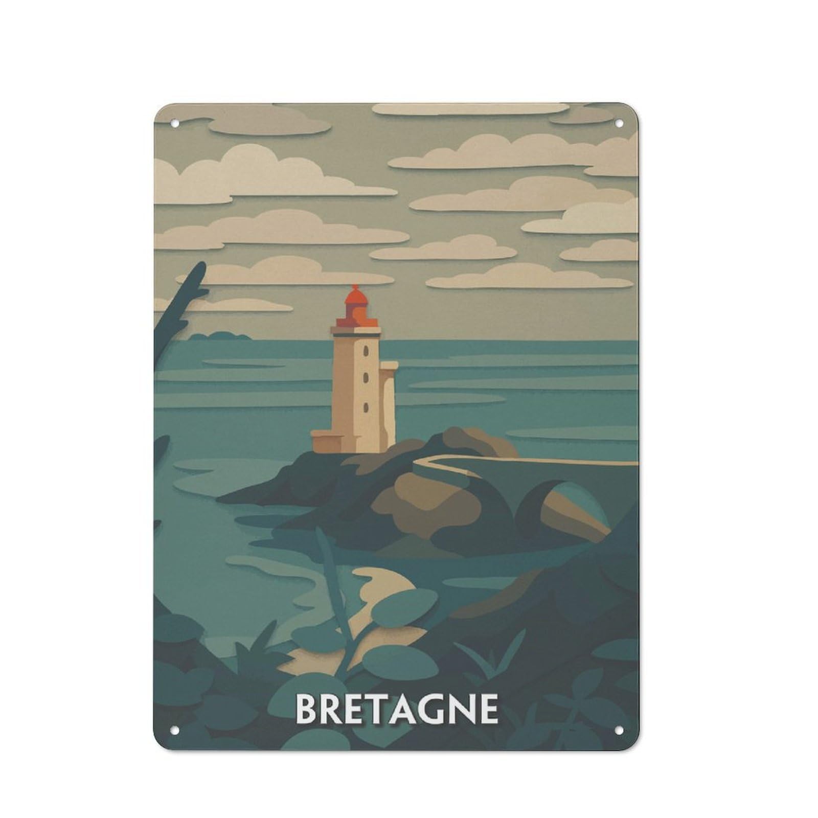Barn Style Farmhouse Metal Sign 40x30cm Featuring Bretagne Lighthouse Coastal Scene Illustration, Cottage Wall Art for Kitchen, Cottage, Porch Or Garden Room