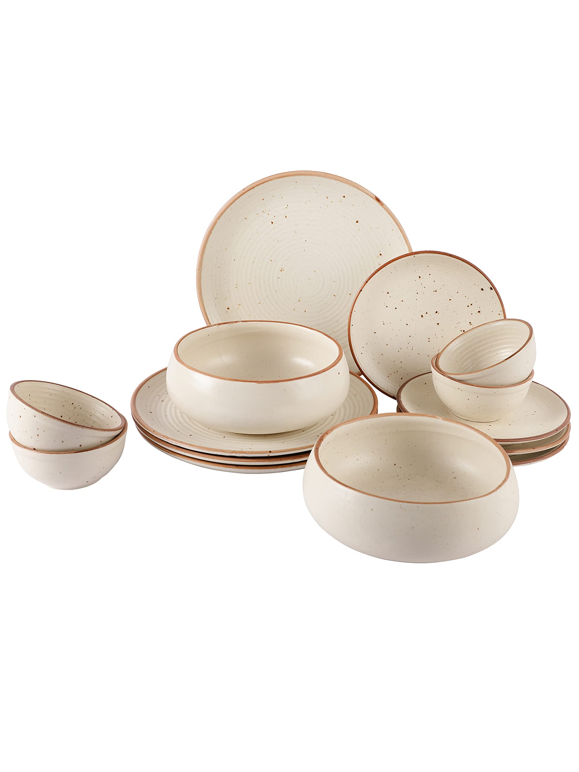MIAH Decor Handcrafted Ribbed Matte Finish Handcrafted Stoneware Dinner Set (Style 6) -Set of 14 Off White with Brown Rim ;Microwave/Oven/Freezer/Dishwasher Safe-(MD-499)