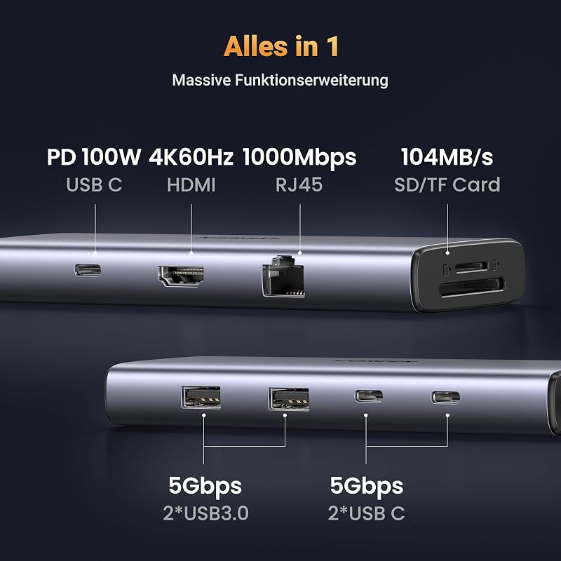 UGREEN Revodok 109 USB-C Hub 9-in-1 - 4K 60Hz HDMI, 100W PD, Gigabit Ethernet, SD/TF Kártyaolvasó, MacBook, iPhone, iPad, Surface Pro Kompat