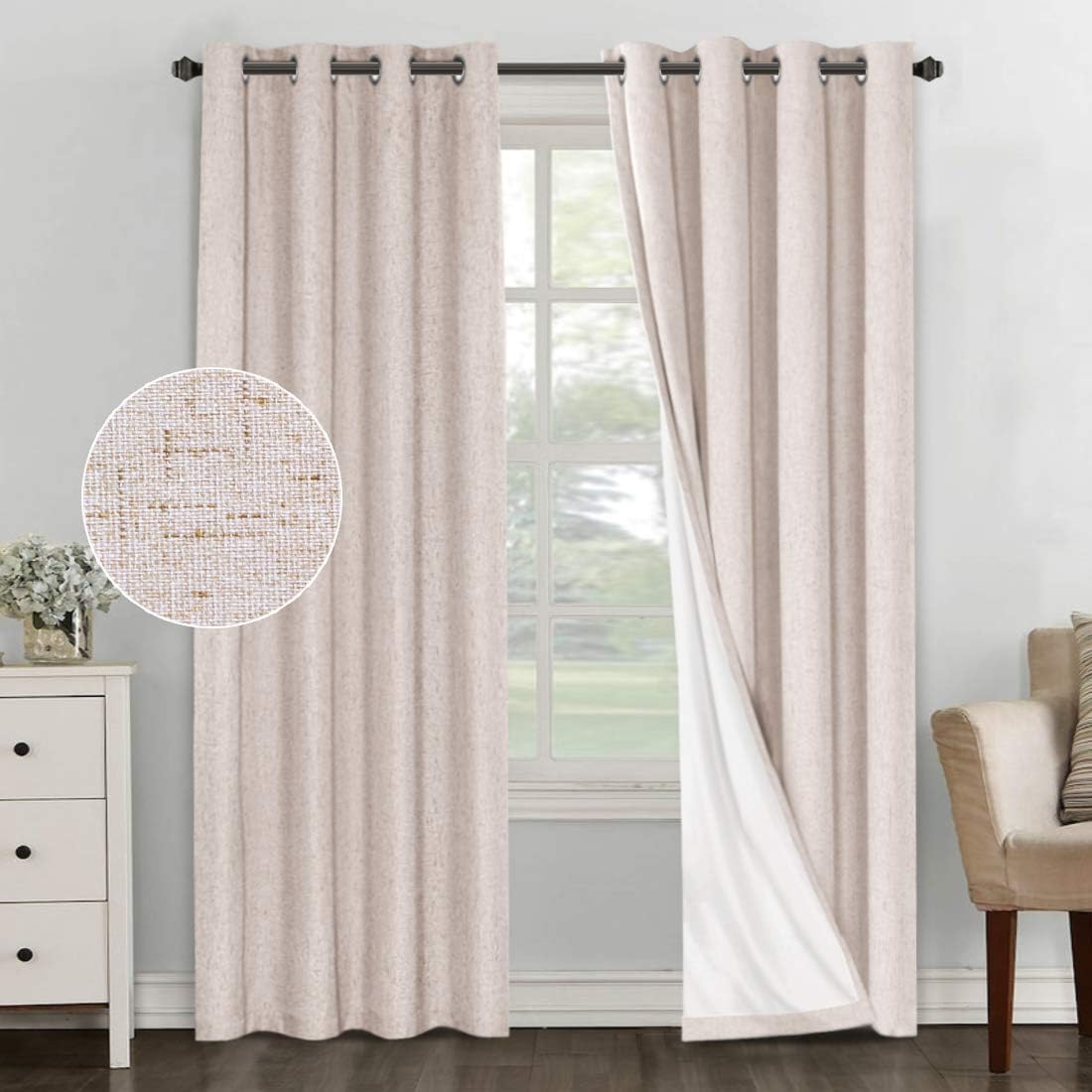100% Blackout Curtains for Bedroom Primitive Linen Textured Thermal Insulated Curtain Draperies for Living Room Energay Savinng Grommet Window Drapes with White Backing (52 x 84 Inches, Natural)