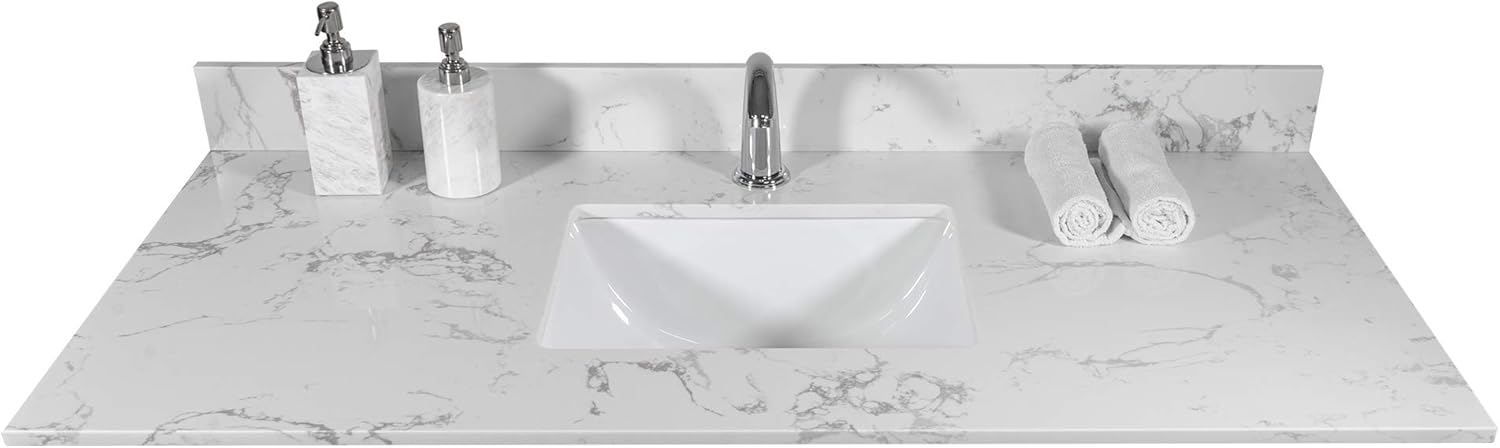 43" x22 Vanity Top with Under Mount Rectangle Bowl, Artificial Marble Stone, Single Pre-Drilled Hole.,Reinforced Packaging, Carrara White (Not Included Faucet)