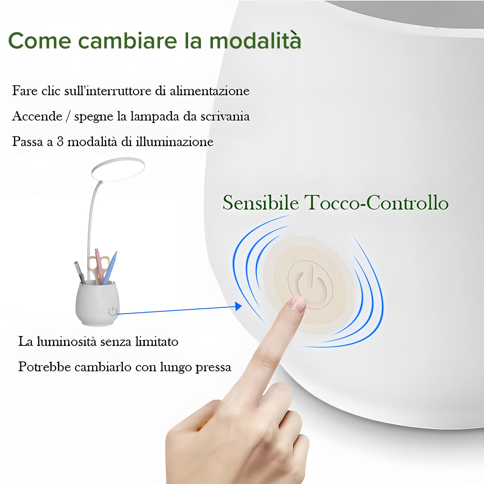 Lampada Da Scrivania LED Touch – Pieghevole, 3 Temperature, Ricaricabile USB – Portapenne
