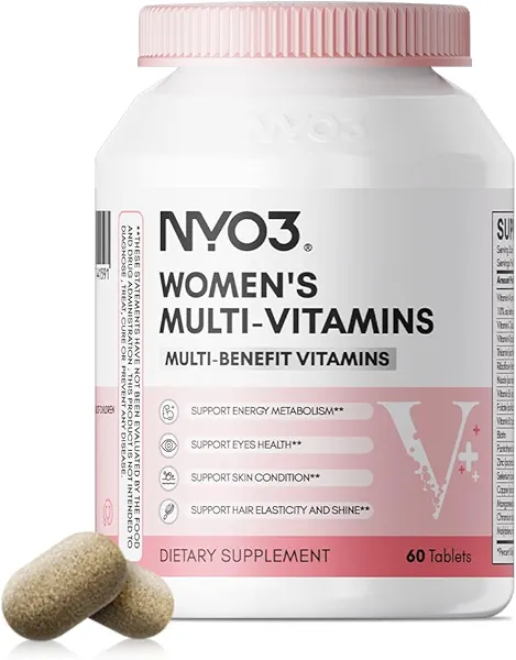 NYO3 Multivitamin for Women with Zinc & Biotin Vitamins A,C,K,B2,B6,B12 & Multimineral | Daily Multivitamins Beauty & Energy | Gluten-Free, 60 Day Supply