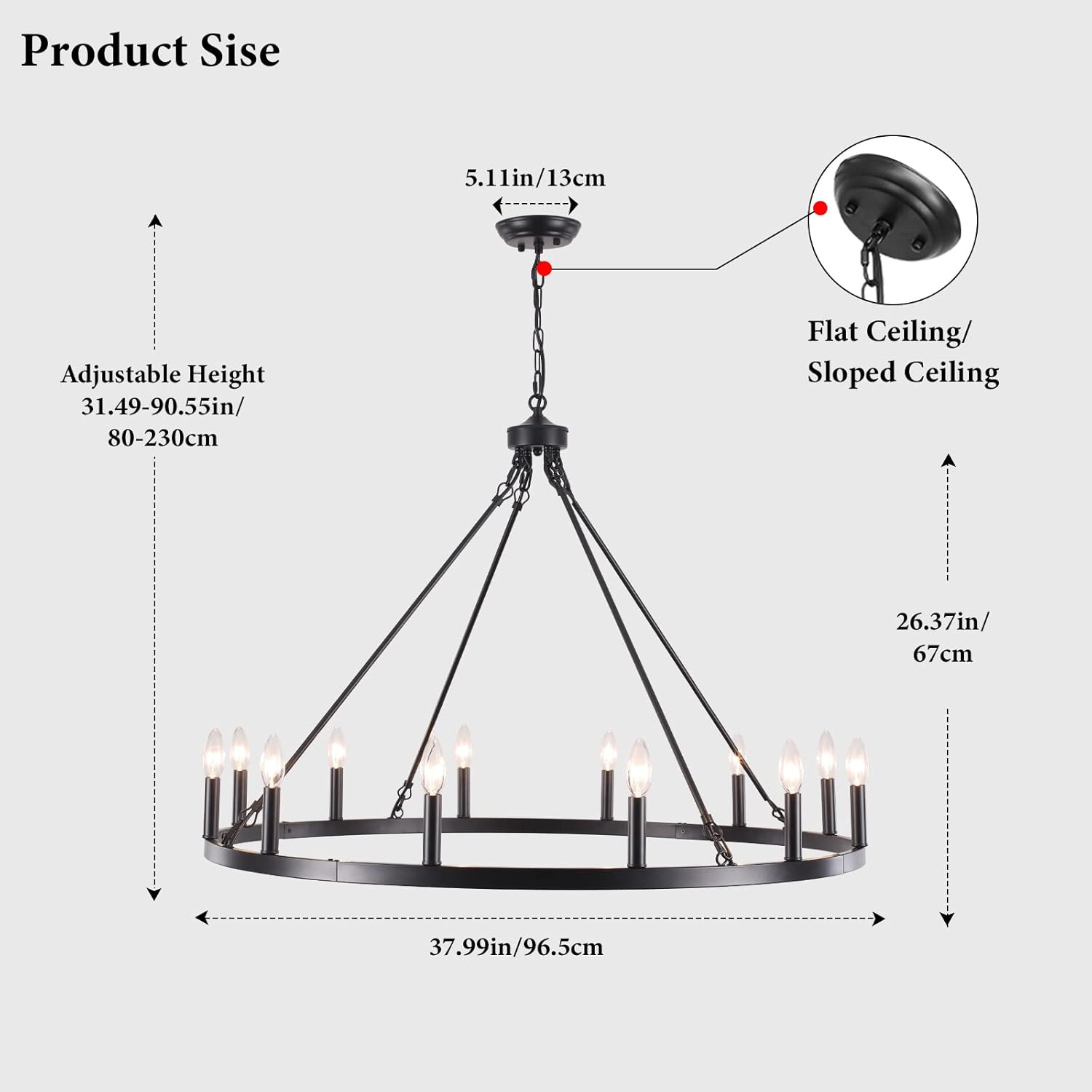 Black Metal 12-Light Candle Wagon Wheel Chandelier