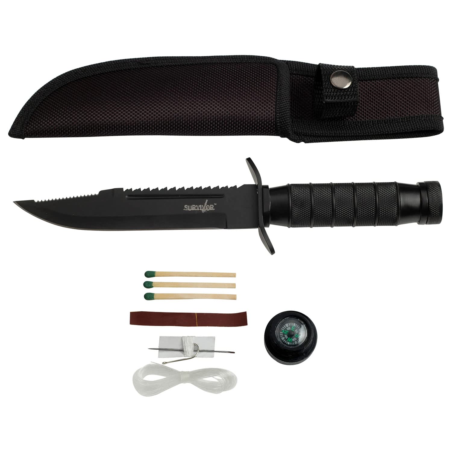 Survivor HK-695B Fixed Blade Knife, Black Reverse Serrated Blade, Black Metal Handle, 9-1/2-Inch Overall