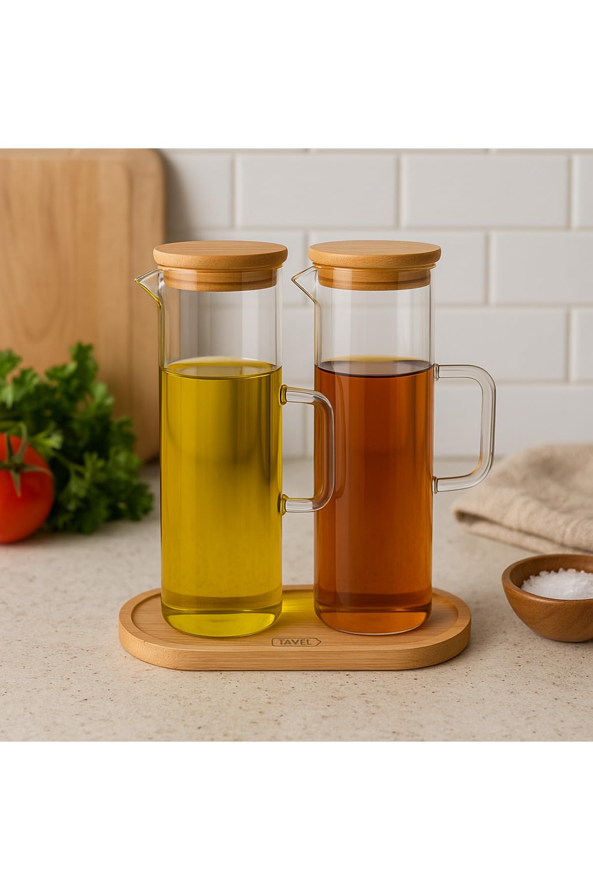 ARVALE Lavino 3 Parça 400 ml Borosilikat Yağlık - Bambu Altlık ve 2 Adet Bambu Kapaklı Cam Yağdanlık