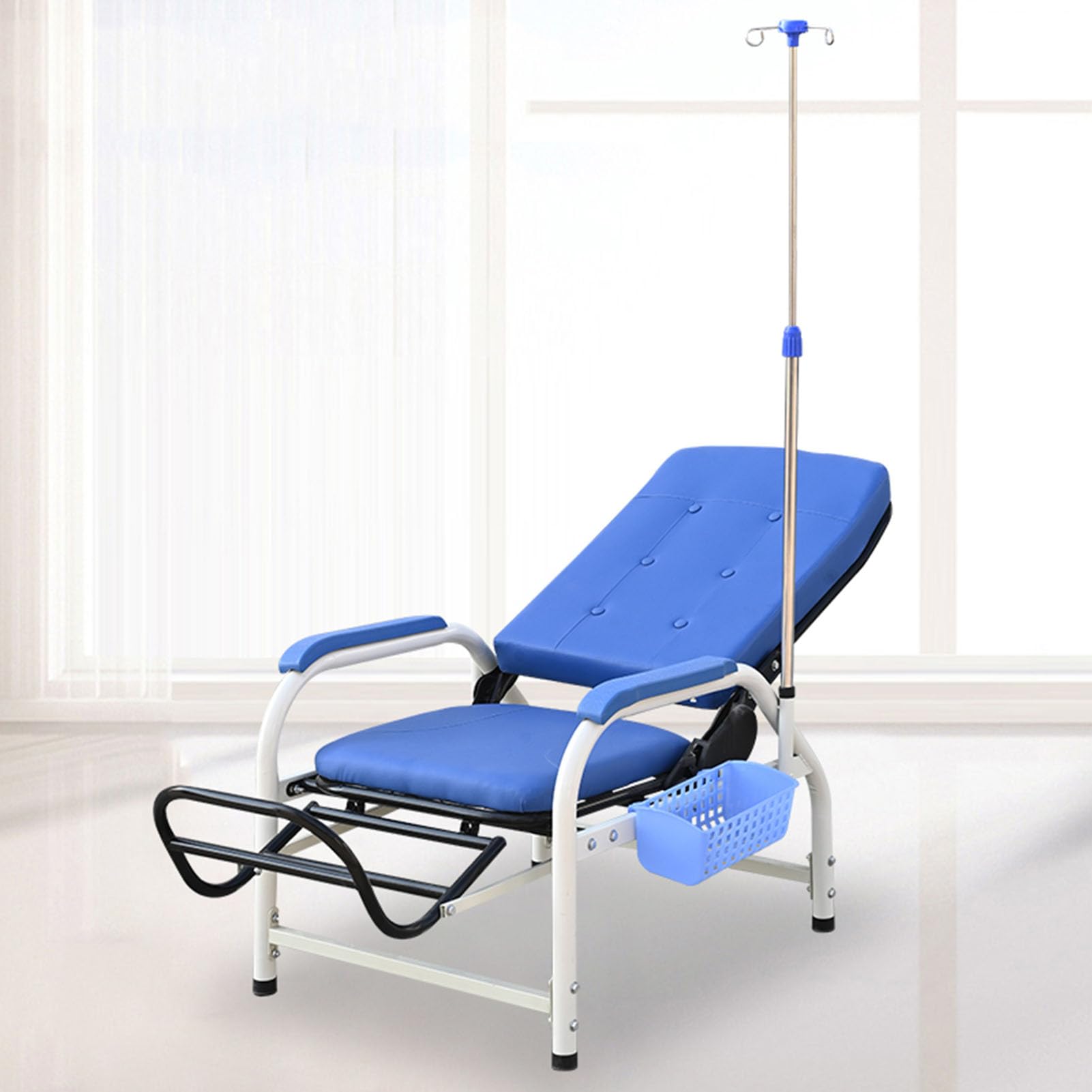 ASerZenith Fully Reclining Chair With Iv Stand For Blood Draw And Patient Waiting In Clinics,Full-Lyingwithblackfootrests