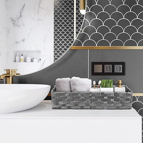 Miniatura 7 de LotFancy Cesta de almacenamiento de papel higiénico, paquete de 2 cestas tejidas para tanque de inodoro, cesta de almacenamiento trasera del