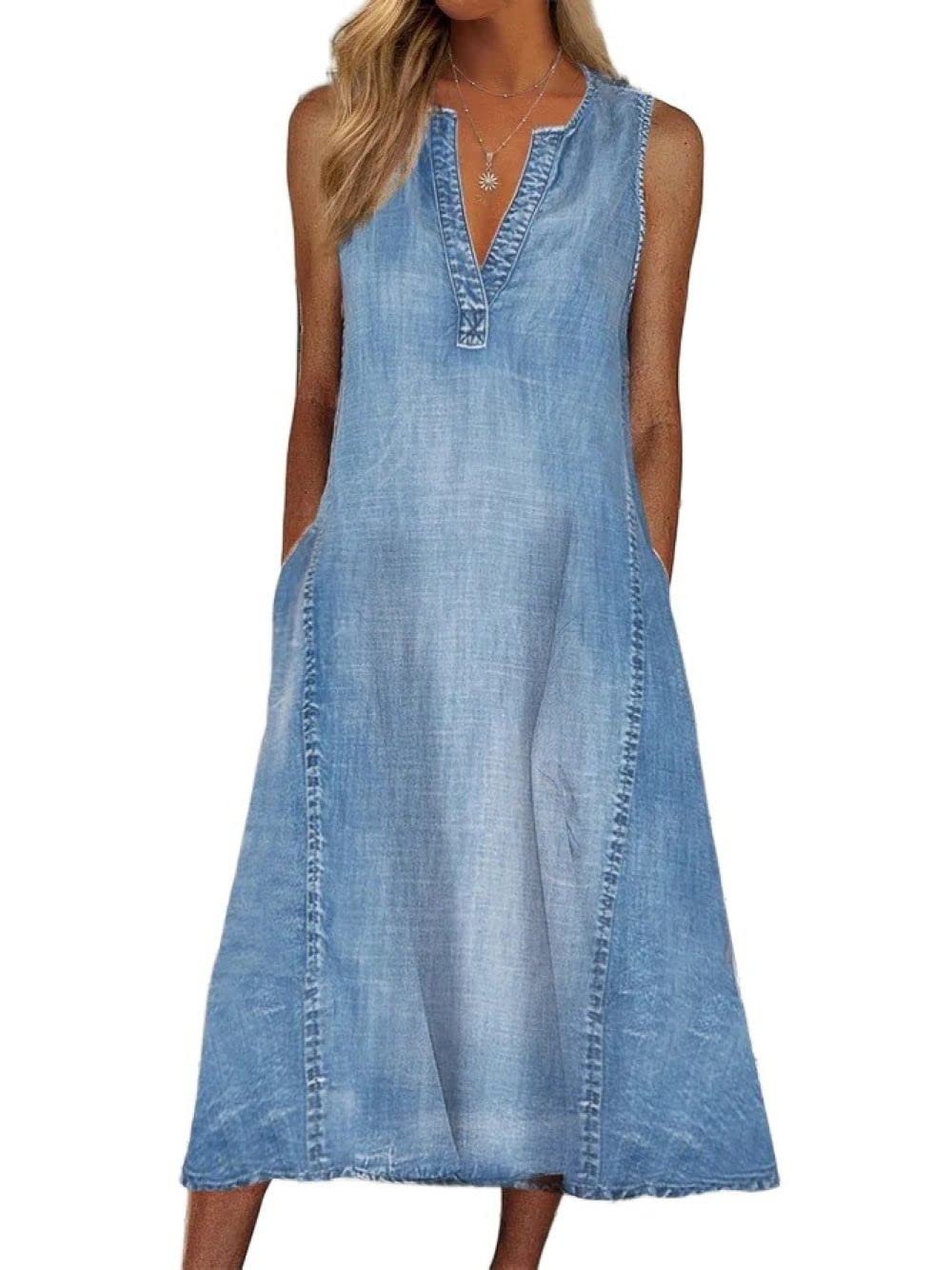 Freizeitkleider Für Damen,Damen-Jeanskleid Vintage-Blau Verwaschen Verblasst Ärmellos V-Ausschnitt Tank-Kleid Lässig Lockeres Hemdkleid Sommer Spleißen A-Linie Jeanskleid Midi-Kleider Für Damen