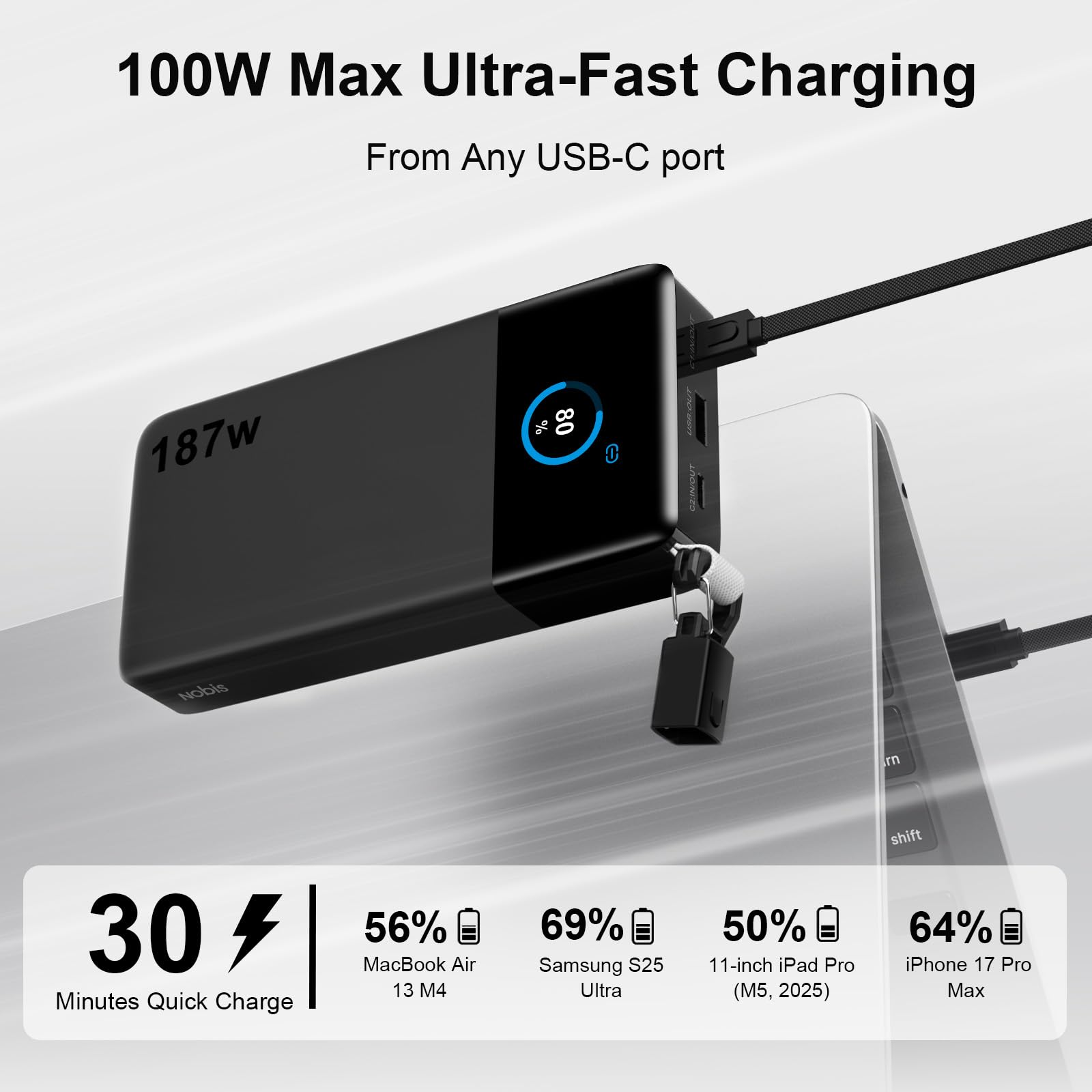 Nobis Power Bank 25000mAh 187W Laptop, 3 Porte Ricarica Rapida (100W Max) | Caricatore Portatile con cavo C-C Staccabile, display TFT, essenziale viaggi, per iPhone 17/16/, Tablets e Altro Ancora