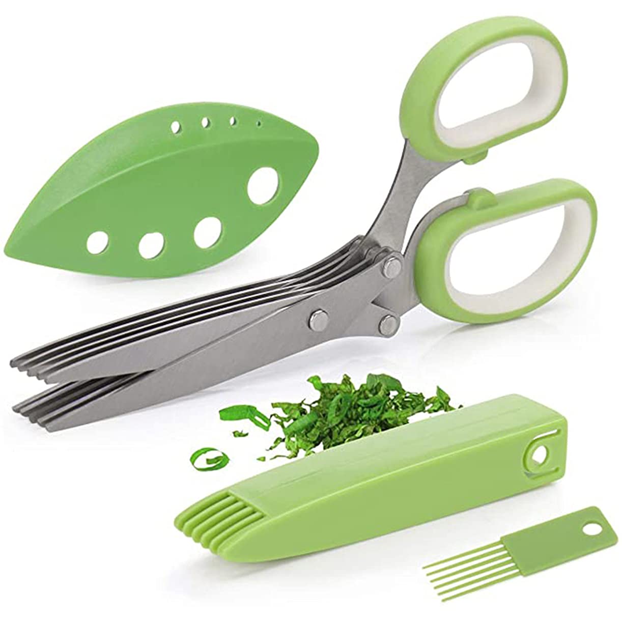 Herb Scissors with 5 Blades, Multifunctional Kitchen Gadgets Cutter Chopper and Mincer, Kitchen Scissors with Cover Brush Leaf Peeler, Green