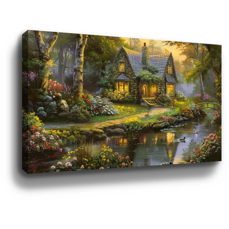 Amazon｜BOHU ARTS Thomas Kinkade House by River キャンバスアート