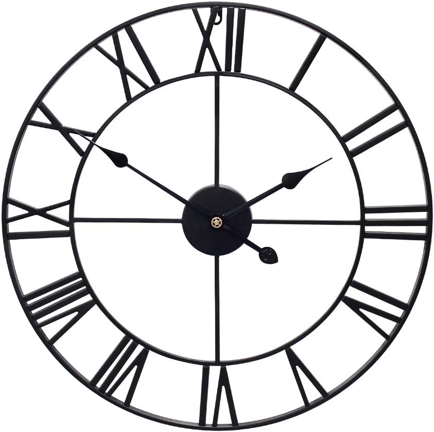 Little kuku 32 Inch Farmhouse Large Wall Clock European Retro Clock with Roman Numerals, Metal Vintage Decorative Big Oversized Wall Clock for Home/Loft/Living Room/Kitchen, Black 32-in Black