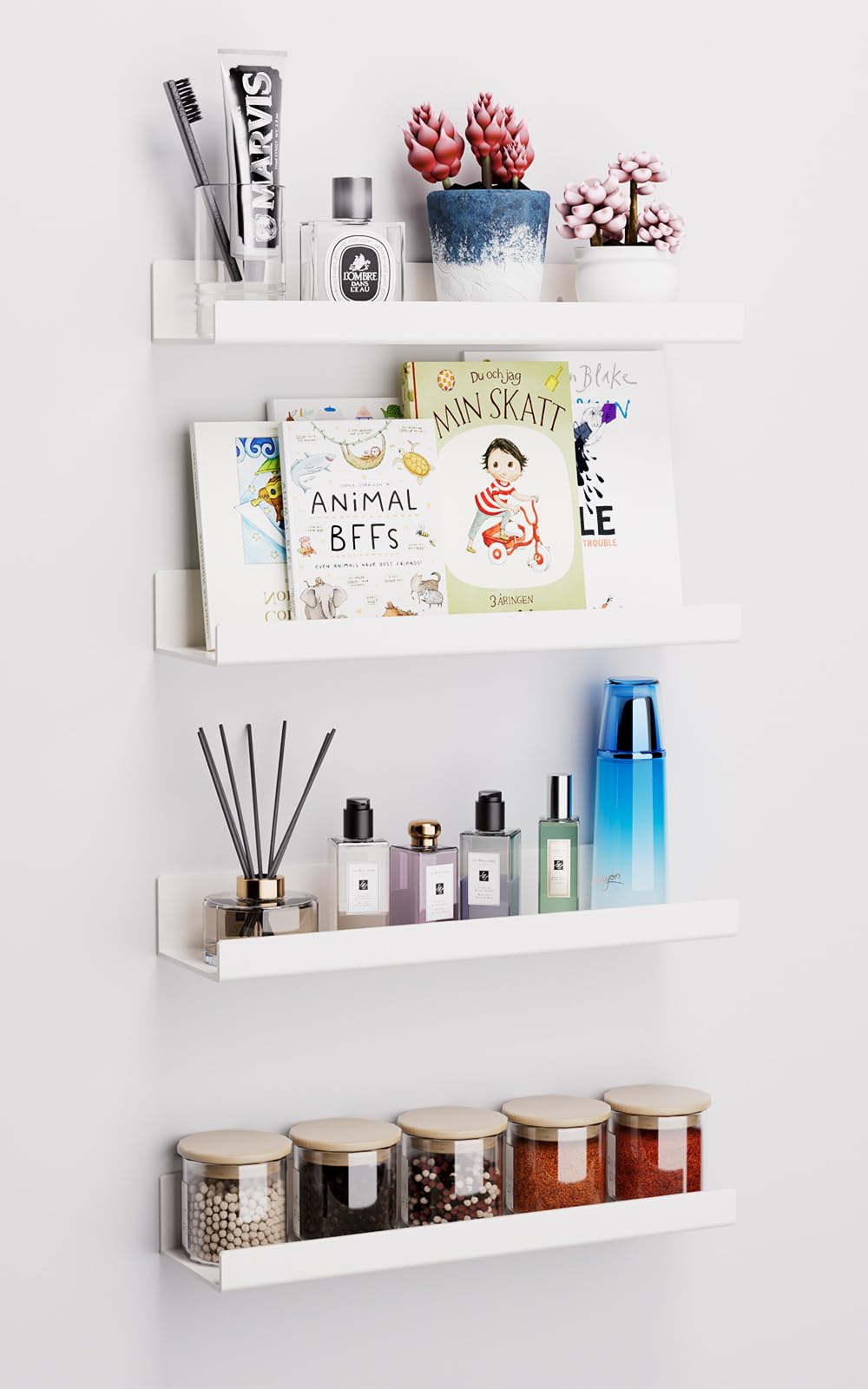 4 Pack White Adhesive Shelves, 15"x4" No Drill Acrylic Wall Shelves | Dual-Mount (Adhesive or Screws) Waterproof Storage Bathroom Shelf Organizer for Kitchen, Living Room, Bedroom