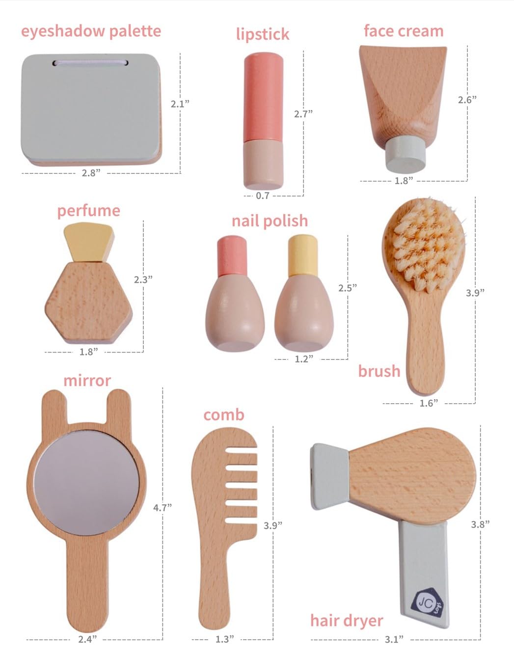JC TOYS - Set di trucco per bambini, 10 pezzi, set di legno, accessori per il trucco per le ragazze, giochi di simulazione, include borsa per riporre, ideale come regalo, + 3 anni
