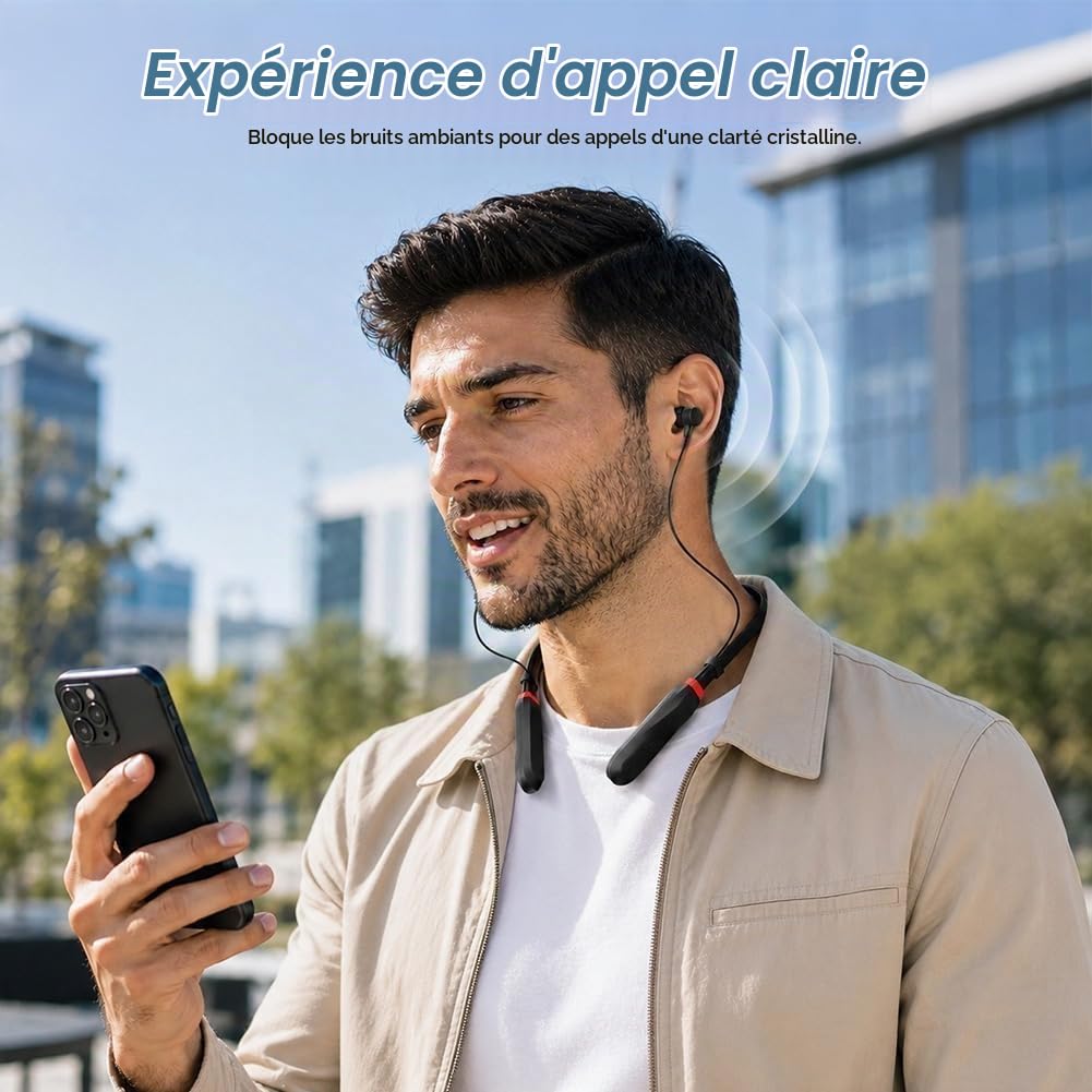 Écouteurs Bluetooth Sport À Tour De Cou avec Câble 200H de Lecture, Casque Bluetooth sans Fil, Écouteurs Intra-Auriculaires Bluetooth IPX4, Écouteurs Magnétiques pour Fitness Course Bureau, Noir