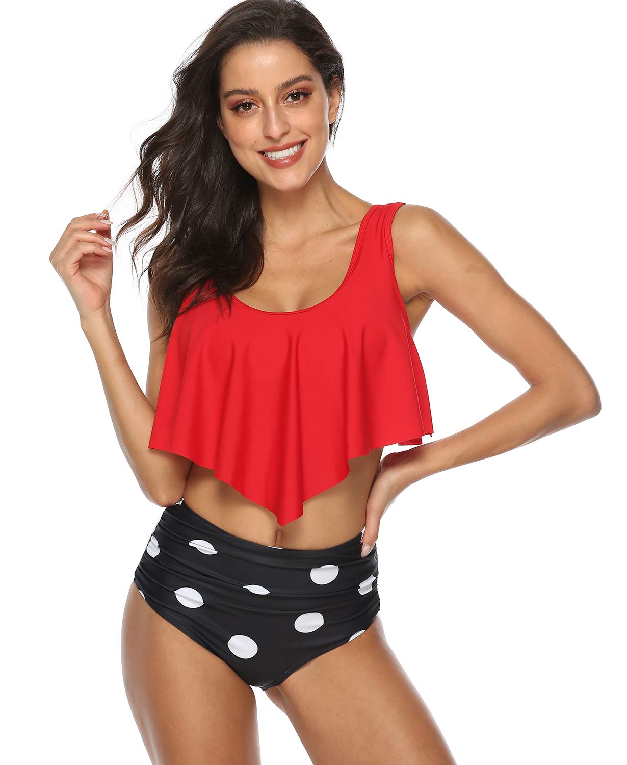 flounce bikini top with high waisted bottoms