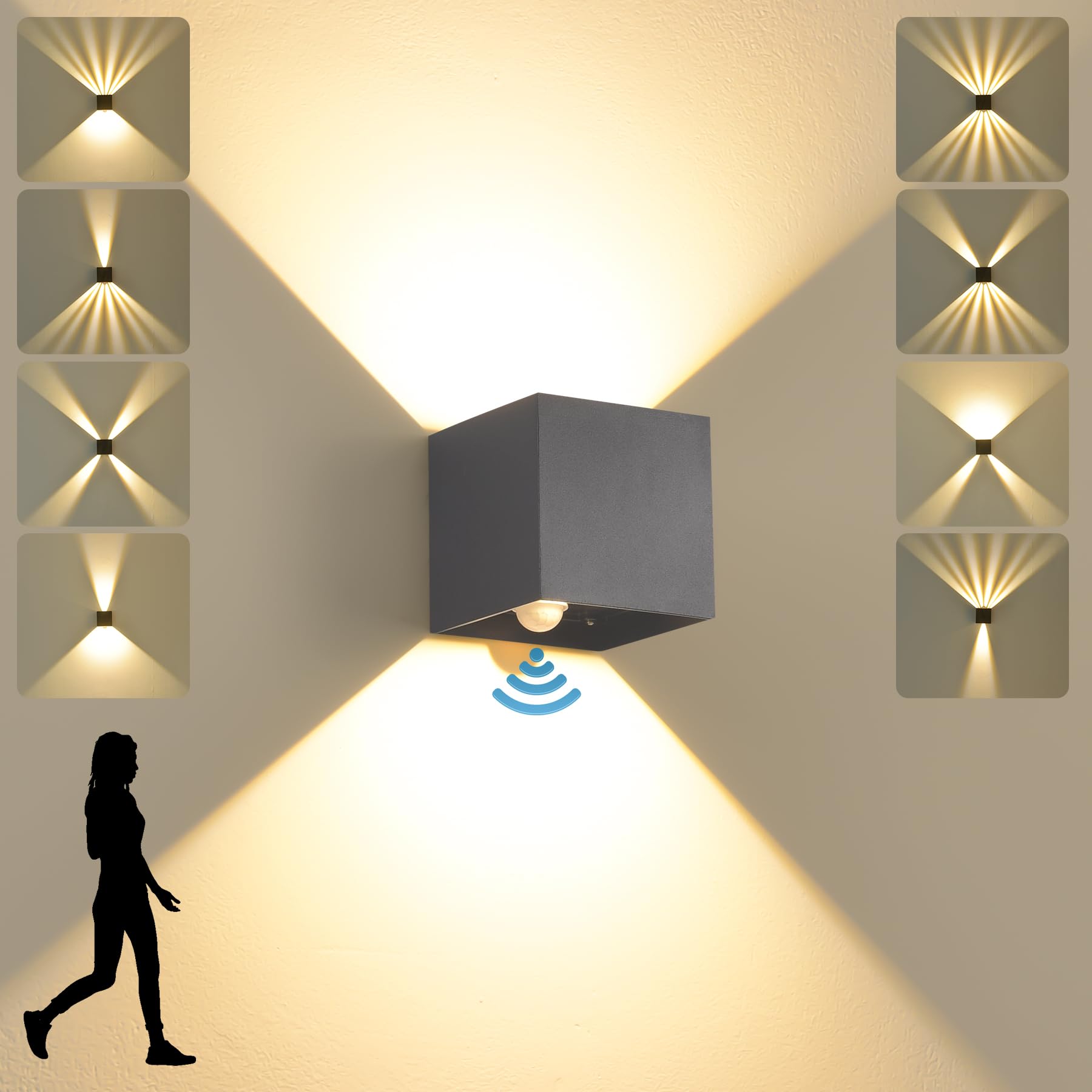 Applique da Parete con sensore di movimento LED 12W,Moderno Lampada da Parete Angolo del Fascio Regolabile Esterno Interno 3000K Bianco Caldo,Impermeabile IP65 Lampada a Muro in Alluminio,Grigio Scuro