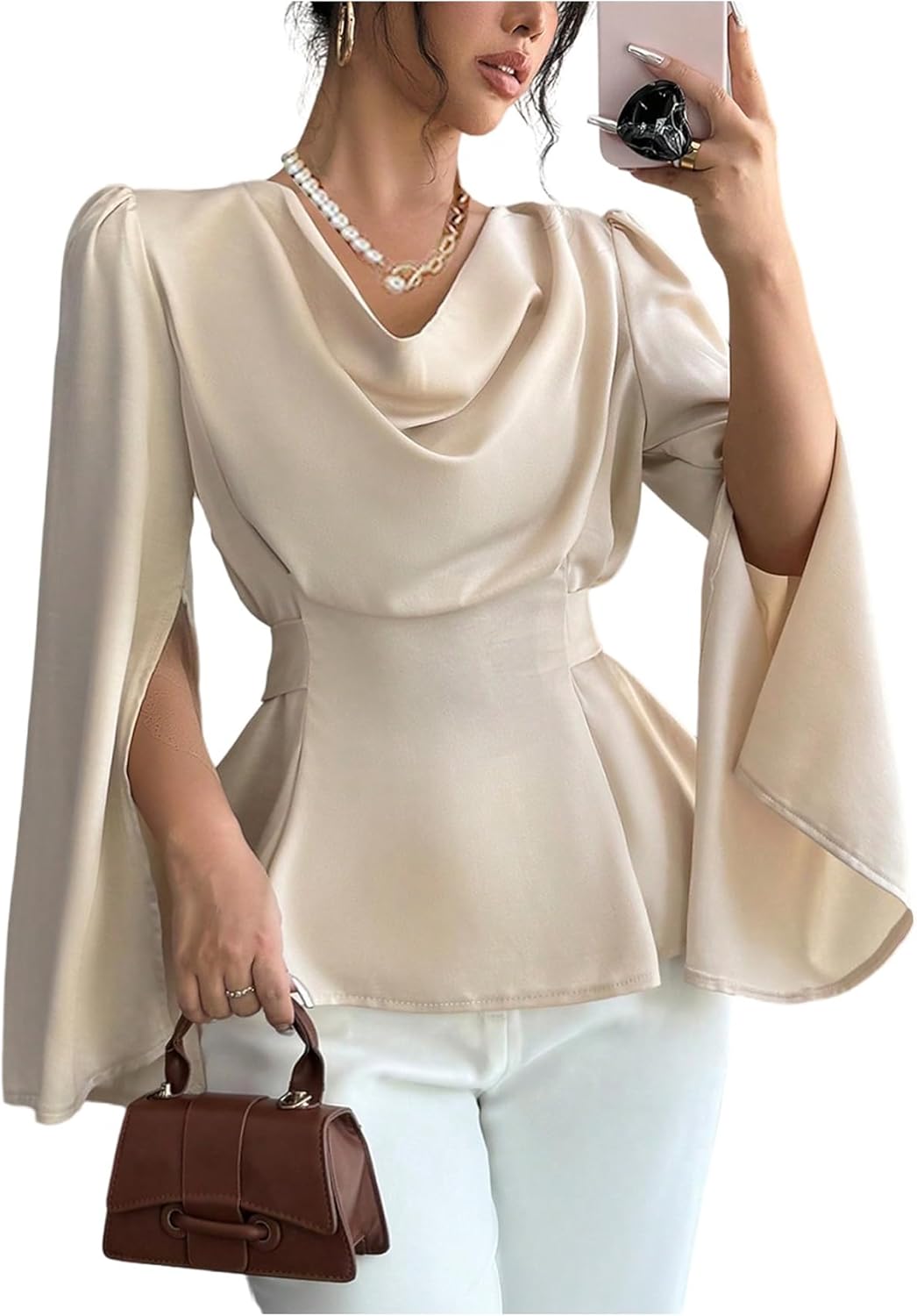 OYOANGLE Women's Satin Cowl Neck Split Long Sleeve Blouse Elegant Peplum Tops Dressy Casual Shirt