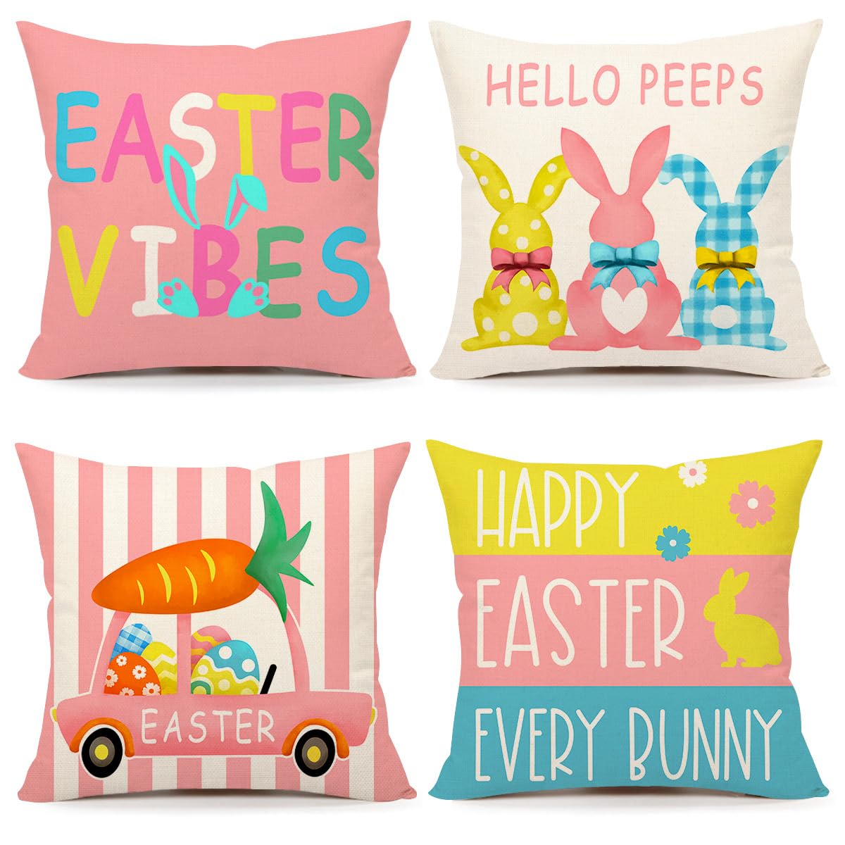 4TH Emotion Easter Throw Pillow Covers 18 x 18 Inch Set of 4, Hello Peeps Bunny Spring Farmhouse Holiday Colorful Cushion Case for Home Sofa Couch Decoration TH175