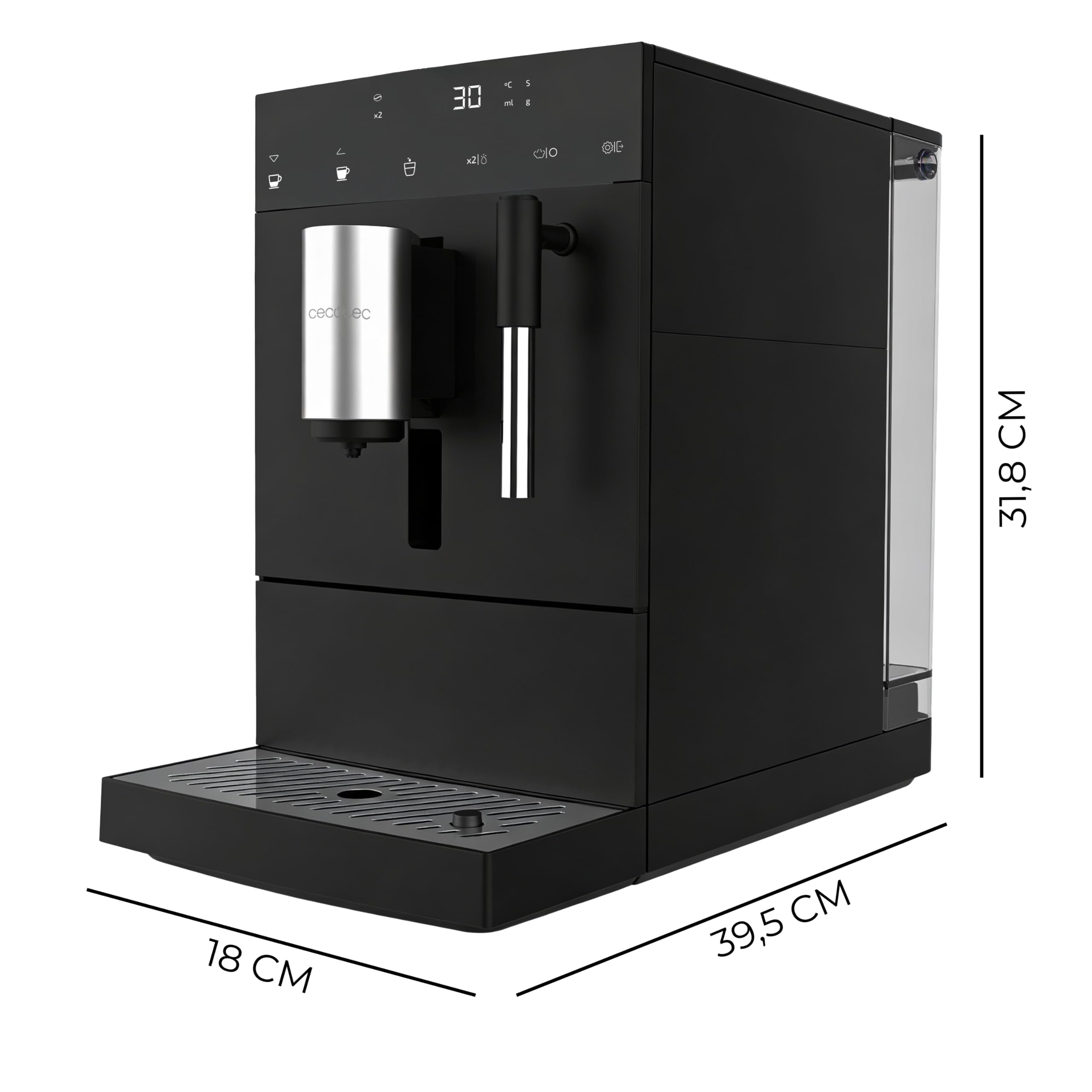 Cecotec Macchina da Caffè Superautomatica Compatta con Montalatte Cremmaet Compact Elite. 1350W, 19bar, Sistema Thermoblock, Contenitore Caffè in Grani 120 g con Macinacaffè e Serbatoio 1,1L