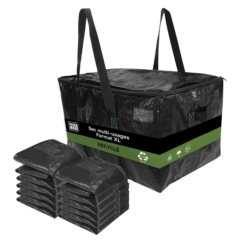 Pack and Move - Zestaw 10 worków do przechowywania, 55 x 35 x 30 cm, solidne uchwyty, do przeprowadzki i transportu, bardzo wytrzymałe, wielokrotnego użytku, 55 l