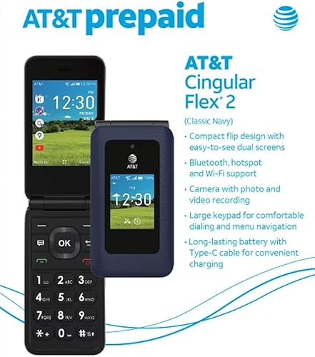 Miniatura 2 de AT&T Cingular U1030AA 6723D Flex 2 Prepago 4G LTE Flip Phone, cámara de 2MP, Android, azul marino clásico, Carier bloqueado a