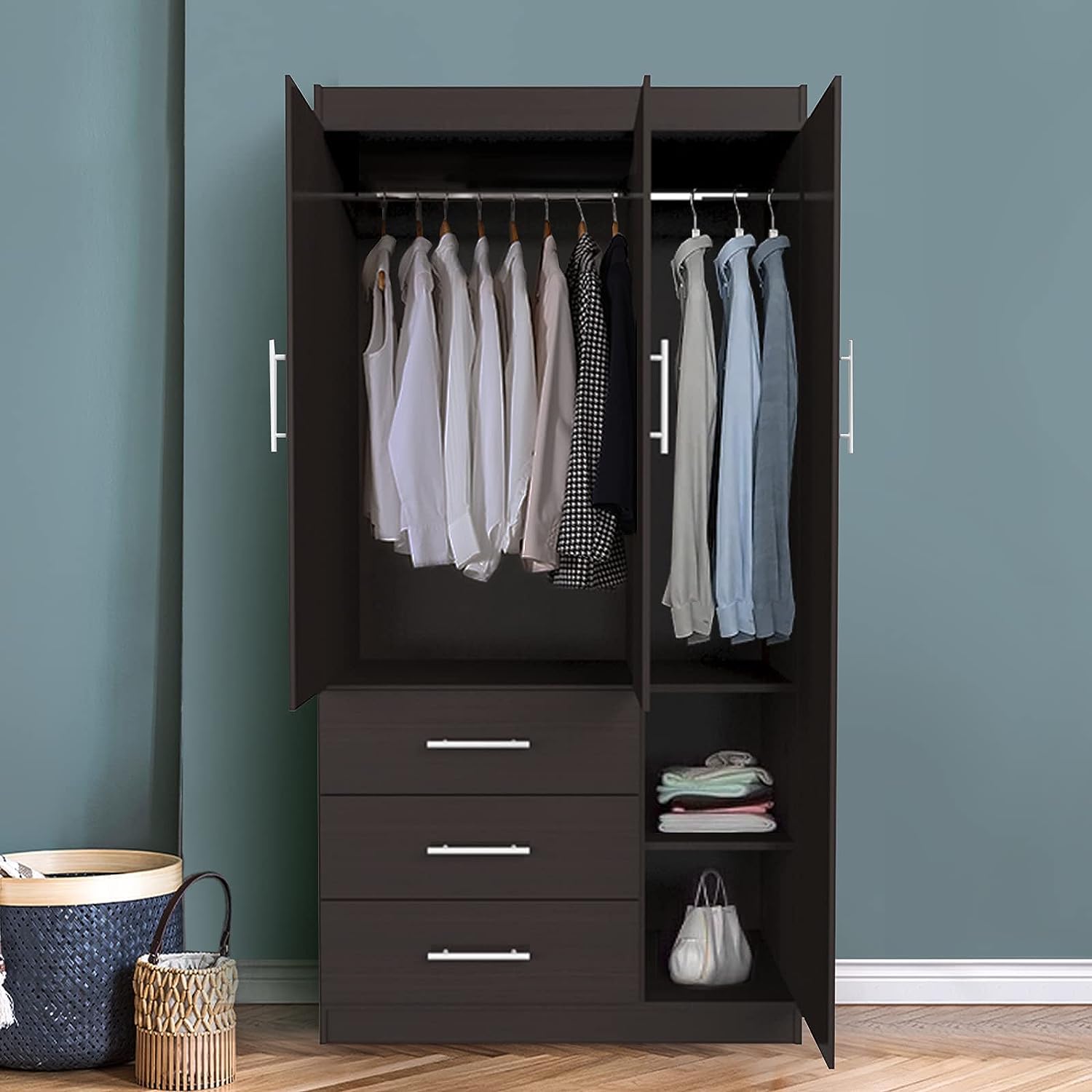 Furnilife Wardrobe with 3 Doors 3 Drawers Exterior Mirror in a