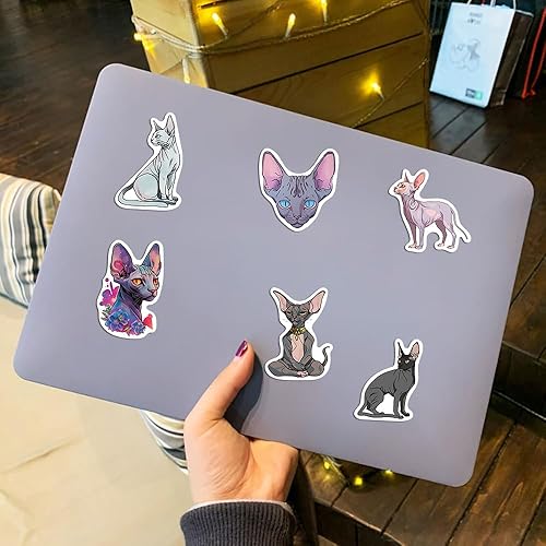 Miniatura 6 de Yoksas Lindas calcomanías de gato Sphynx, 50 calcomanías de vinilo impermeables sin pelo para portátiles, botellas de agua, recuerdos de fiesta de