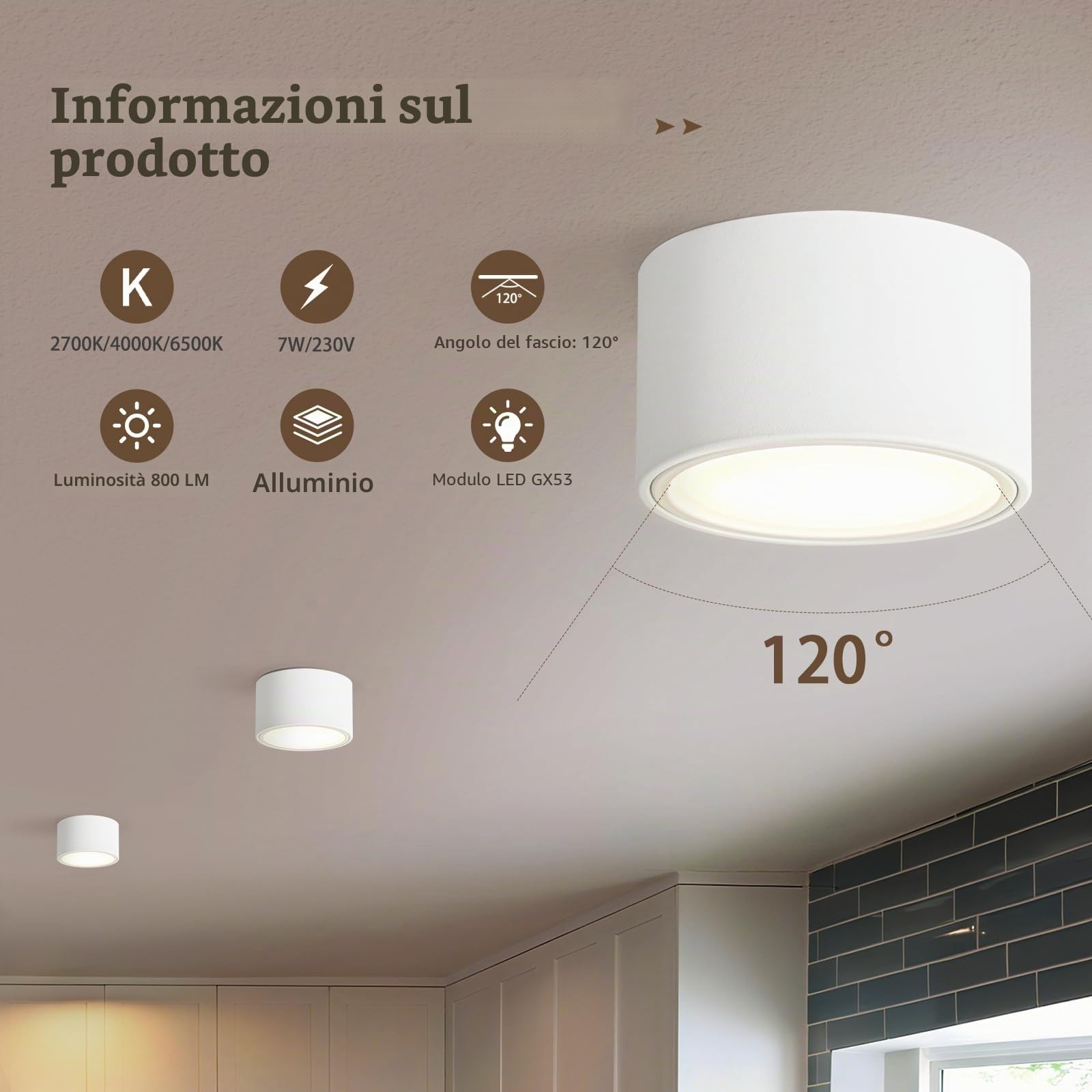 KYOTECH Faretti da Soffitto Dimmerabili, 2700K/4000K/6500K Faretti da Soffitto Interno Ø95x55mm Bianchi, Incluso Modulo LED GX53 7W 800LM 230V, Lampada da Soffitto in Alluminio per Soggiorno, 4 Pezzi