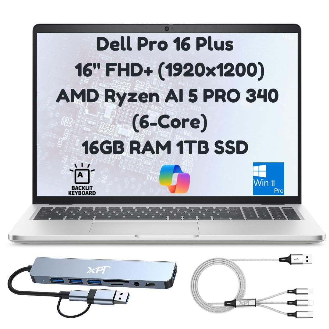 Dell Pro 16 Plus PB16255 Business Laptop 2026 (Replace Latitude 5550), 16" FHD+, AMD Ryzen AI 5 PRO 340 6-Core (Beats Ultra 5 135U), 16GB RAM, 512GB PCIe SSD, IR Cam, WiFi 7, Ethernet, Windows 11 Pro