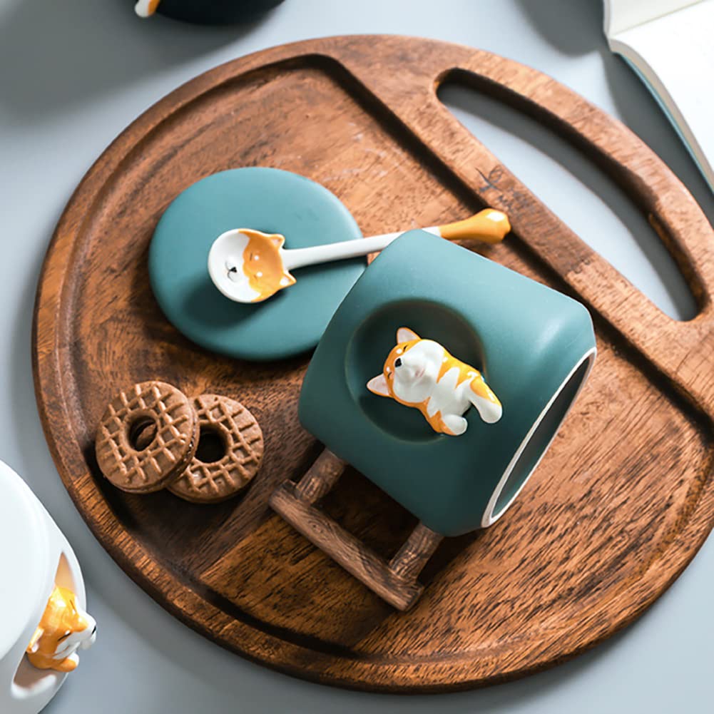 420 ml nowe ceramiczne urocze kubki do kawy, 14 uncji kubek do herbaty Shiba Inu kubek biurowy uroczy kubek do mleka z motywem psów 4D z łyżeczką w pokrywce, prezent dla rodziny i przyjaciół w biurze
