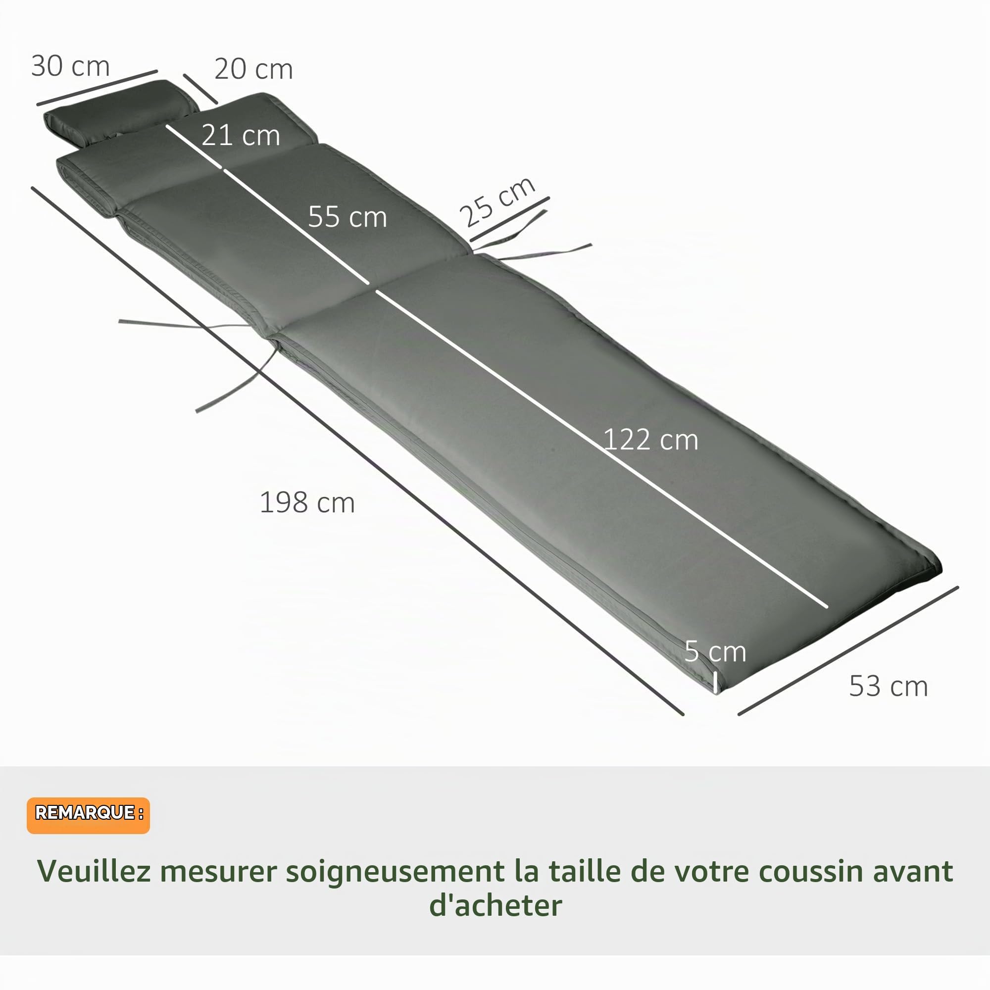 Outsunny Coussin Bain de Soleil Matelas Zippé 198 x 53 x 5 cm Gris | Coussin Chaise Longue, Matelas Transat, Déhoussable, Tétière, Cordons d'Attache, Matelas Uniquement