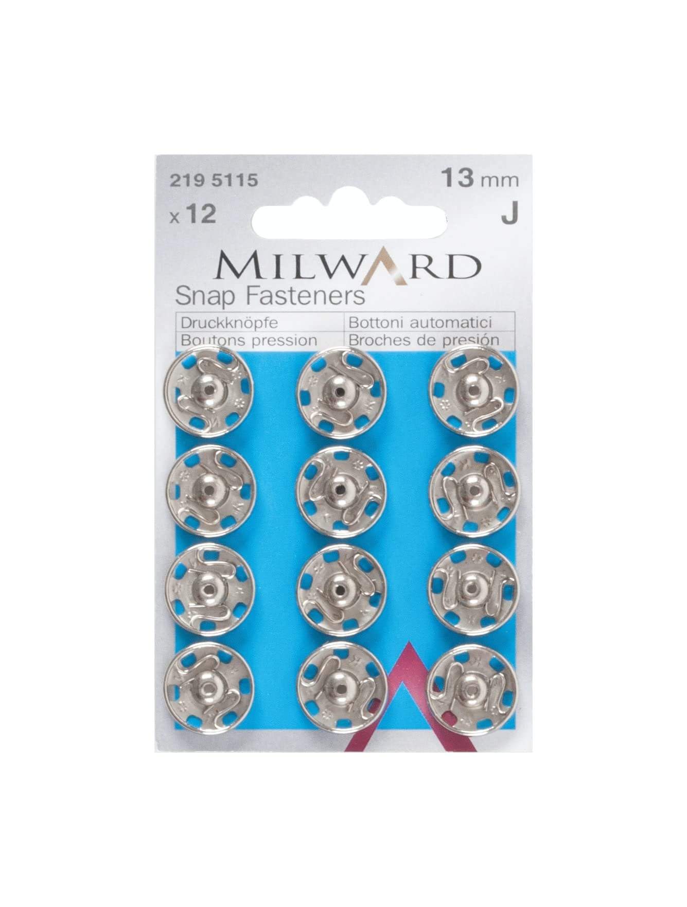 Milward 13 mm 12-Piece Sew-On Brass Snap Fasteners, Silver