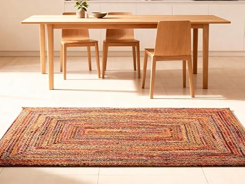 Craft Trade Bunt Waschbarer Boho Jute Teppich Reversibel Geflochten Handgewebt Rechteckig Flickenteppich für Küche Wohnzimmer und Schlafzimmer- 60 x 90 cm