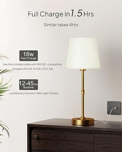 Miniatura 3 de EppieBasic Lámpara de mesa inalámbrica recargable carga rápida y larga duración, lámparas doradas vintage de luz cálida de 2700 K, comedor, sala de