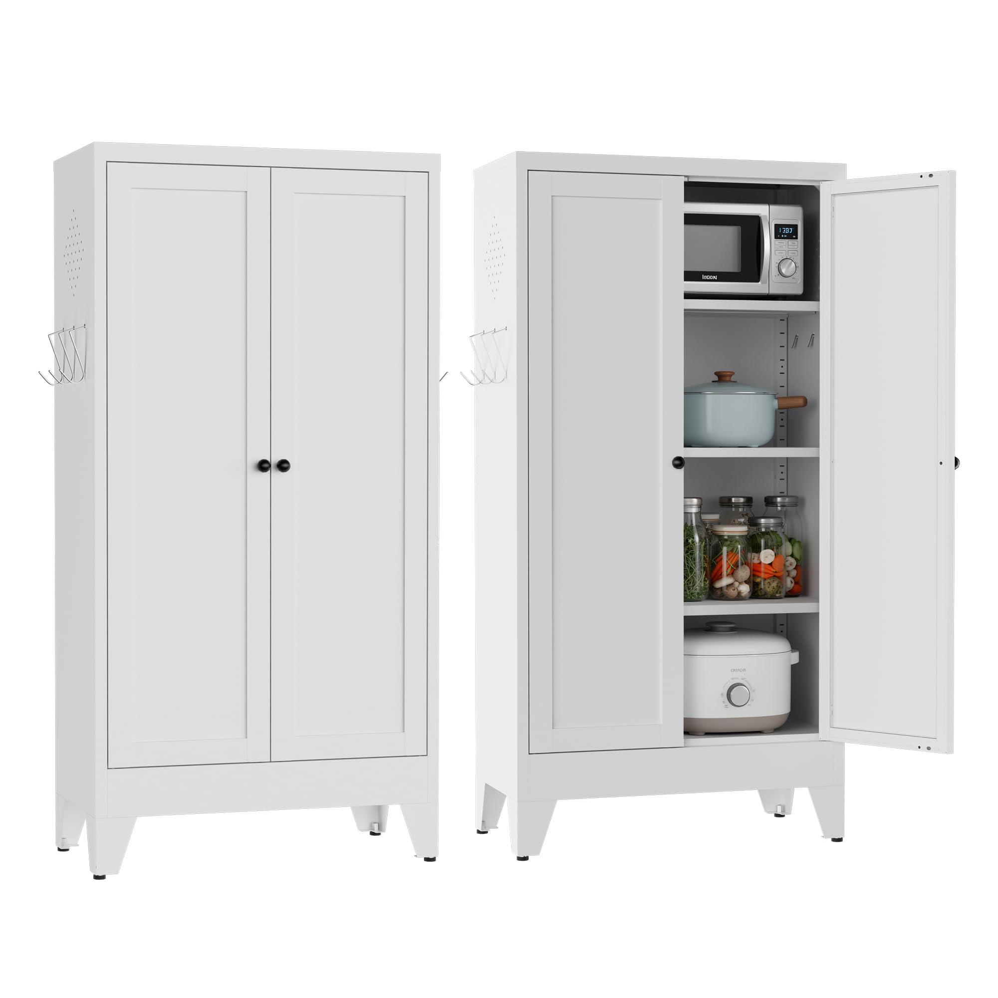 48" H White Steel Pantry Storage Cabinet with 3 Adjustable Shelves