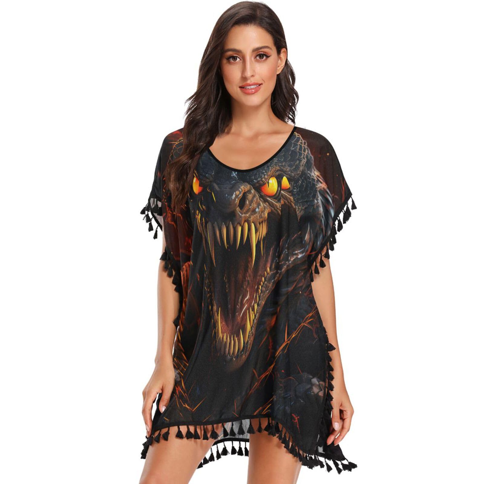 Fire Animal Art Snake Women's Beach Cover Up Chiffon Tassel Swimwear Swimsuit Coverups for Girl