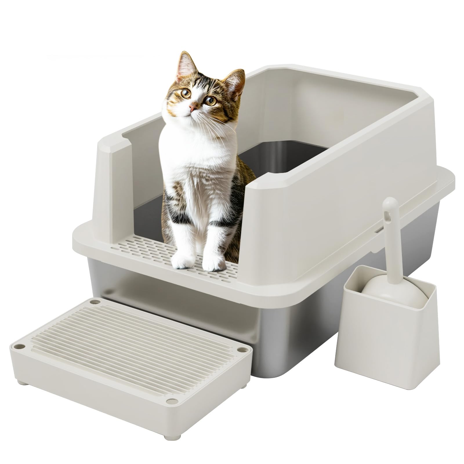 RIZZARI Open Cat Litter Box: Large Beige Stainless Steel Litter Pan 23.8" x 15.9" x 12.4" - High Sided Splash-Proof Easy Clean Toilet for Cats up to