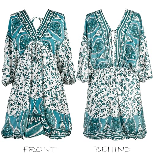 Image of CUPSHE Women's Plunging V Neck Backless Beach Dress Paisley Boho Blouson Sleeve Back Tie Waist Tie Mini Summer Dresses