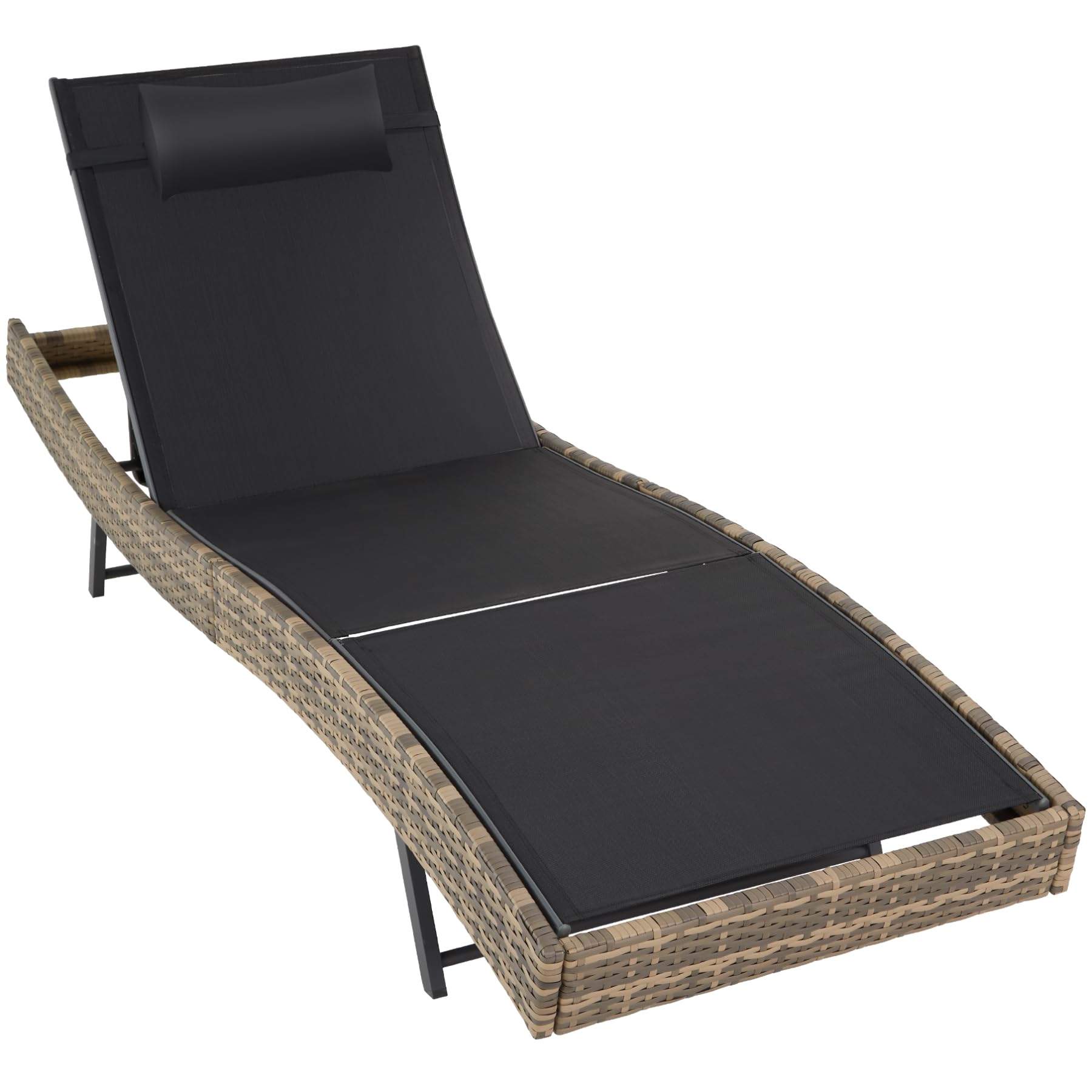 tectake® Sdraio in Rattan, Sdraio da Esterno Regolabile in 6 Posizioni, Traspirante, Telaio in Acciaio, Antiscivolo e Antigraffio, Cuscino Poggiatesta Incluso - Naturale